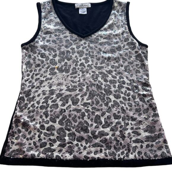 Once 1 Again Black/Gray Animal Print Sequin V-Neck Tank- M - Picture 1 of 5